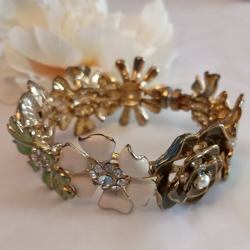Enameled Flowers Crystals Faux Pearls Gold Tone Bracelet w Magnetic Closure New